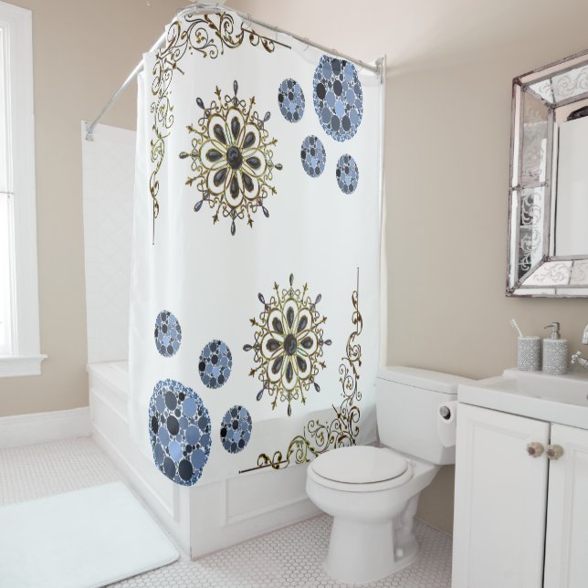 White blue gold victorian showercurtain shower curtain (In Situ)