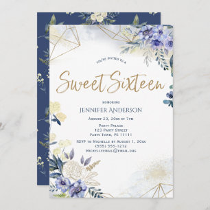 White Blue Gold Watercolor Floral Sweet 16 Invitation
