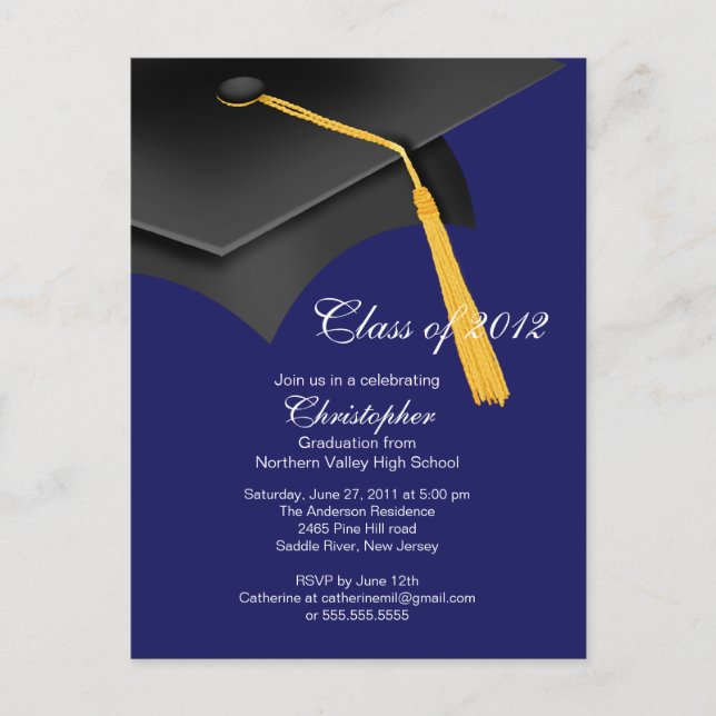 White Blue Grad Cap Graduation Party Invitation Postcard (Front)