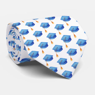 White Blue Graduation Cap Patterned Graduate Neck Tie