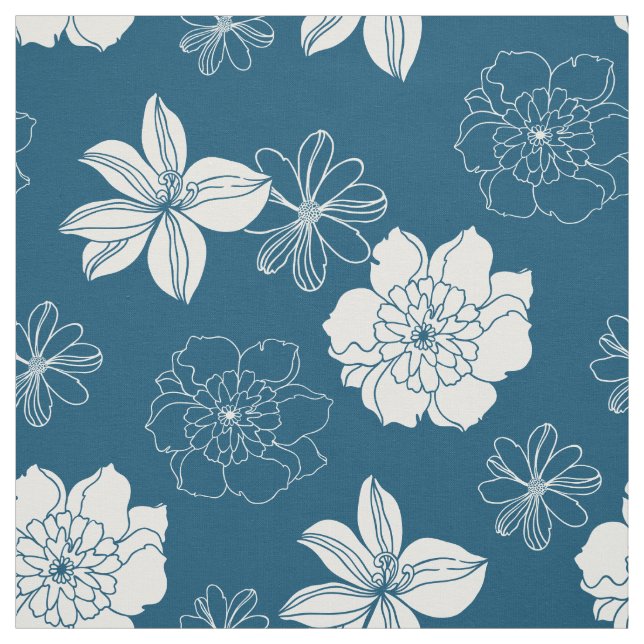 White & Blue Graphic Floral Pattern Fabric (Swatch)