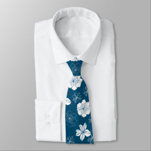 White & Blue Graphic Floral Pattern Neck Tie