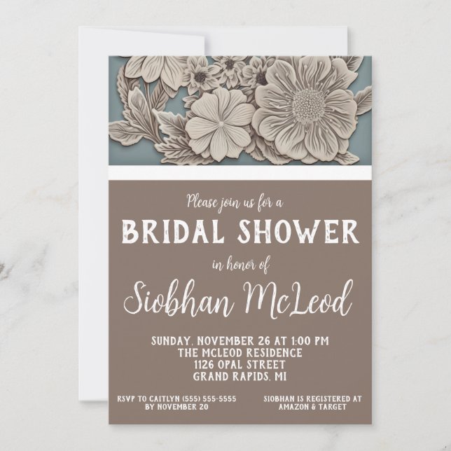 White, Blue, Gray 3D Floral Bridal Shower Invitation (Front)