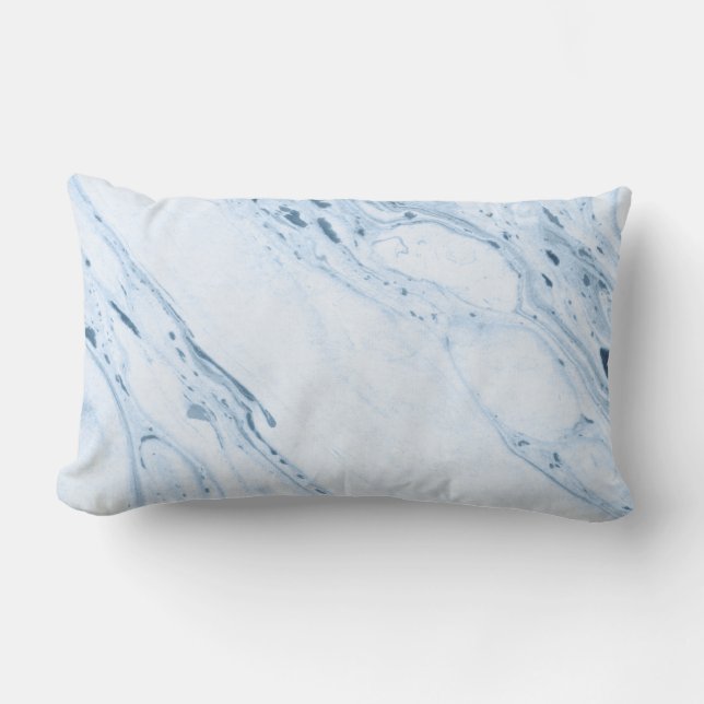 White & Blue-Gray Marble Print Lumbar Pillow (Front)