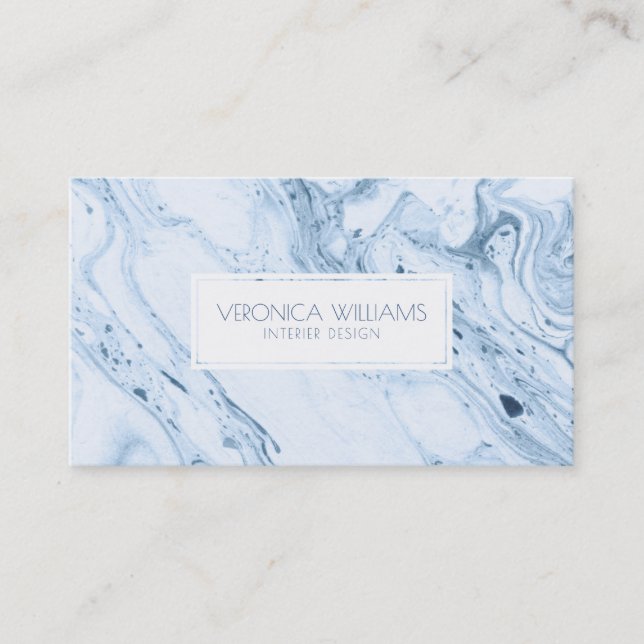 White & Blue-Gray Modern Marble Swirls Business Card (Front)