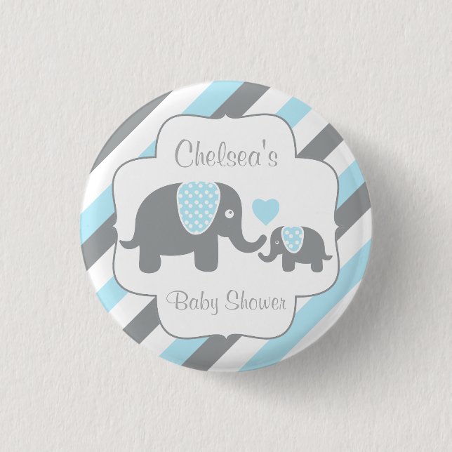 White, Blue & Gray Stripe Elephant Baby Boy Shower Button (Front)