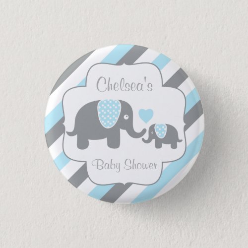 White Blue  Gray Stripe Elephant Baby Boy Shower Button
