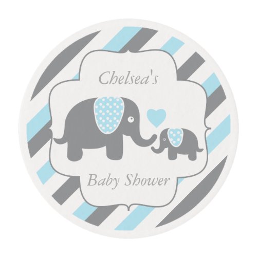 White Blue  Gray Stripe Elephant Baby Boy Shower Edible Frosting Rounds