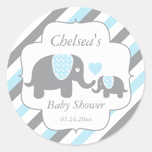 White Blue  Gray Stripe Elephants Baby Shower Classic Round Sticker