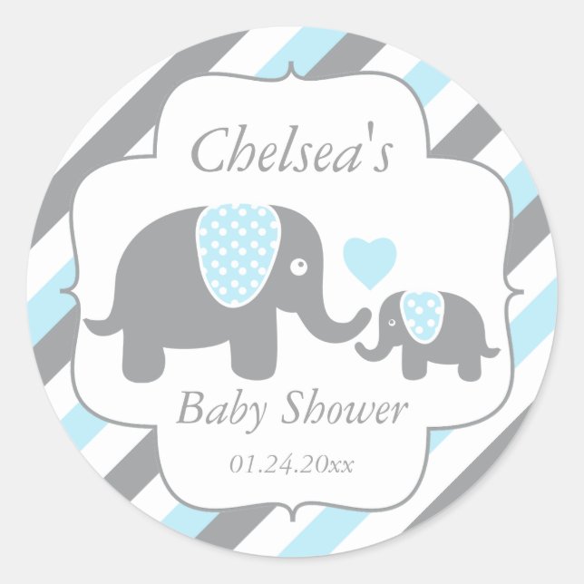 White, Blue & Gray Stripe Elephants Baby Shower Classic Round Sticker (Front)