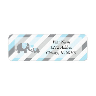 White, Blue & Gray Stripe Elephants Baby Shower Label