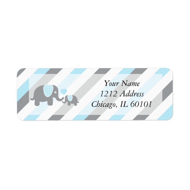 White, Blue & Gray Stripe Elephants Baby Shower Label (Front)