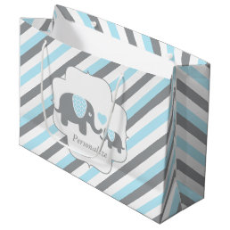 White, Blue &amp; Gray Stripe Elephants Baby Shower Large Gift Bag