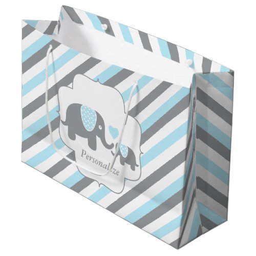 White Blue  Gray Stripe Elephants Baby Shower Large Gift Bag
