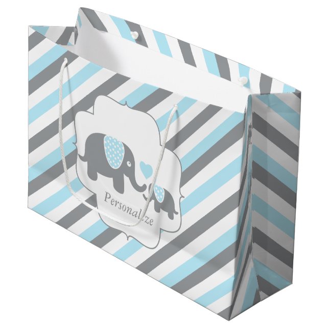 White, Blue & Gray Stripe Elephants Baby Shower Large Gift Bag (Front Angled)