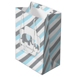 White, Blue &amp; Gray Stripe Elephants Baby Shower Medium Gift Bag