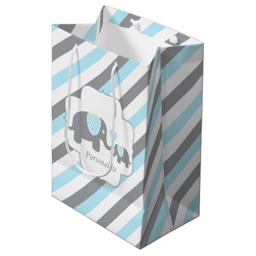 White Blue  Gray Stripe Elephants Baby Shower Medium Gift Bag