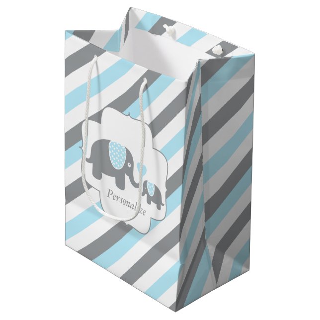 White, Blue & Gray Stripe Elephants Baby Shower Medium Gift Bag (Front Angled)