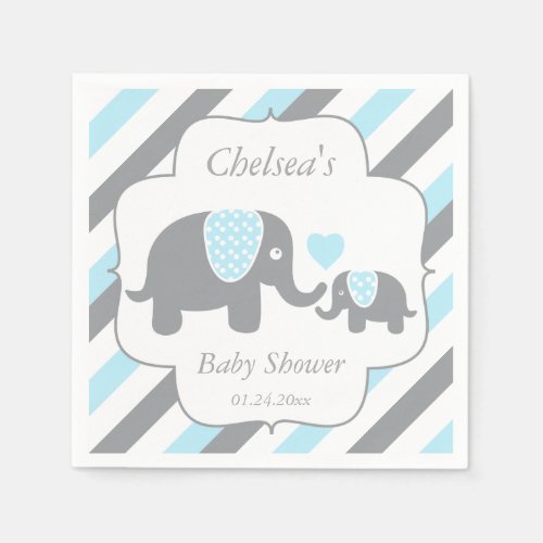 White Blue  Gray Stripe Elephants Baby Shower Napkins