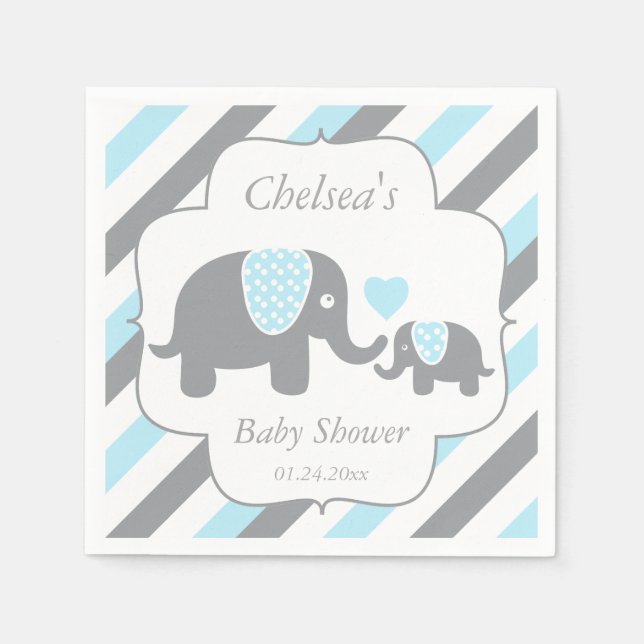 White, Blue & Gray Stripe Elephants Baby Shower Napkins (Front)