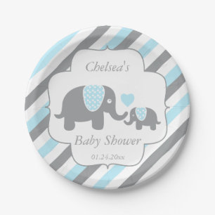 White, Blue & Gray Stripe Elephants Baby Shower Paper Plates