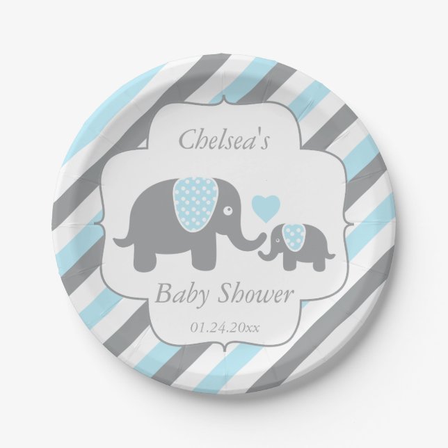 White, Blue & Gray Stripe Elephants Baby Shower Paper Plates (Front)