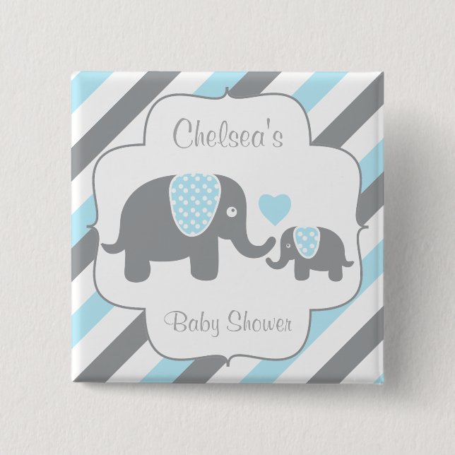White, Blue & Gray Stripe Elephants Baby Shower Pinback Button (Front)