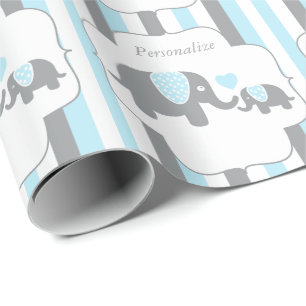 White, Blue & Gray Stripe Elephants Baby Shower Wrapping Paper