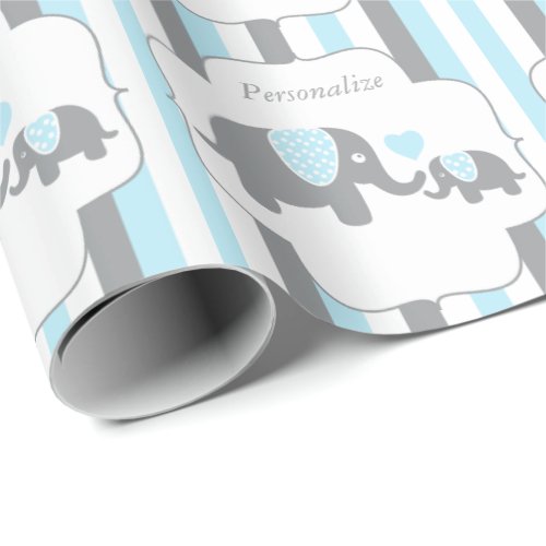 White Blue  Gray Stripe Elephants Baby Shower Wrapping Paper