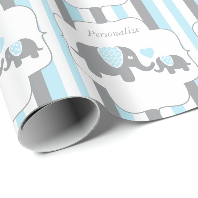 White, Blue & Gray Stripe Elephants Baby Shower Wrapping Paper (Roll Corner)