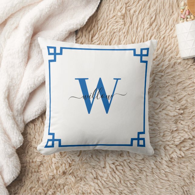 White & Blue Greek Key Monogrammed Throw Pillow (Blanket)