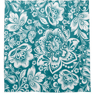 White & Blue-Green Baroque Floral Pattern Shower Curtain