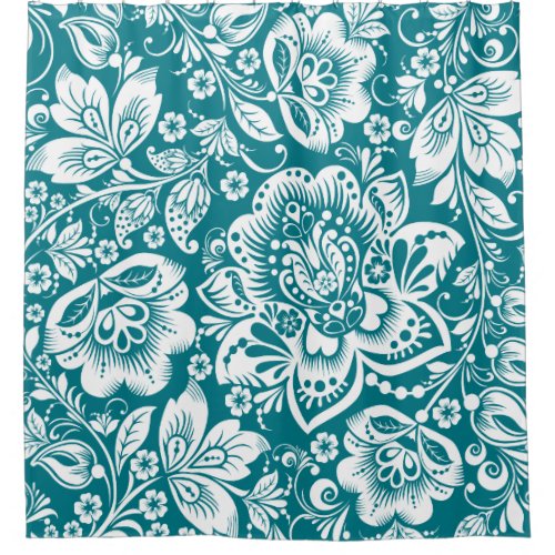 White  Blue_Green Baroque Floral Pattern Shower Curtain