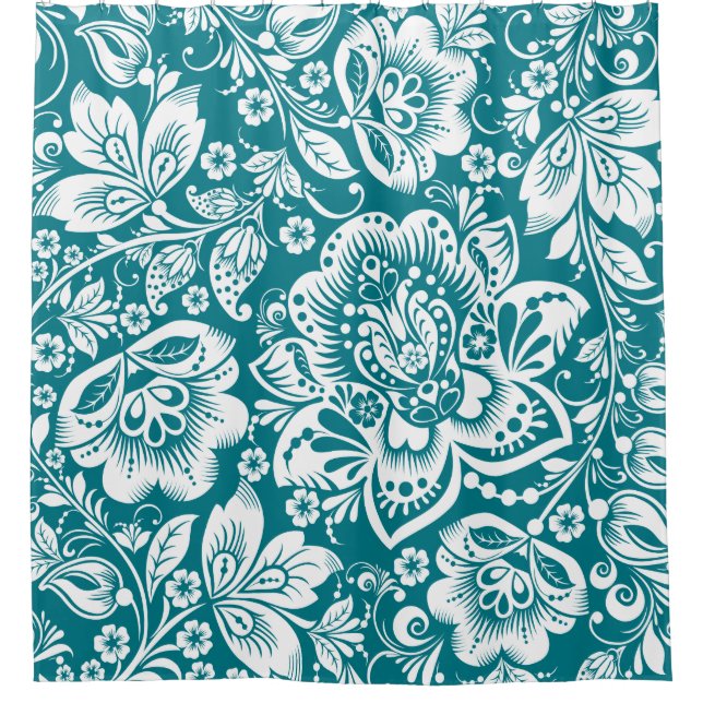 White & Blue-Green Baroque Floral Pattern Shower Curtain (Front)