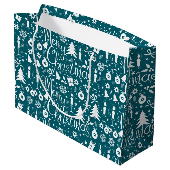 White Blue-Green Christmas Theme Pattern Large Gift Bag (Back Angled)