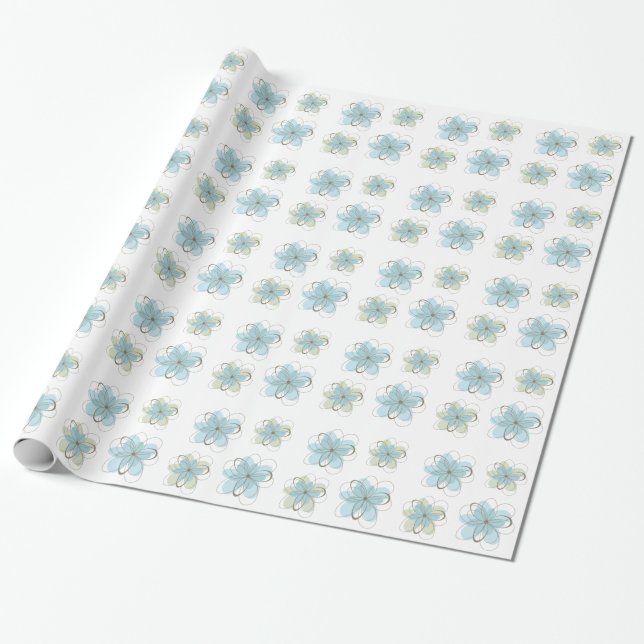 White Blue Green Flowers Baby Shower Wrapping Paper (Unrolled)