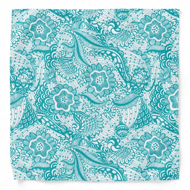 White & Blue-Green Girly Abstract Floral Bandana (Front)