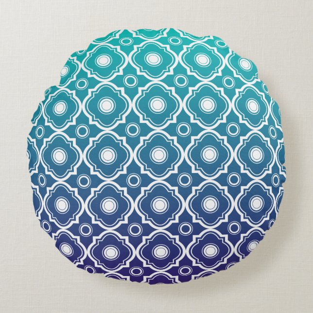 White & Blue Green Gradient Geometric Quatrefoil Round Pillow (Front)