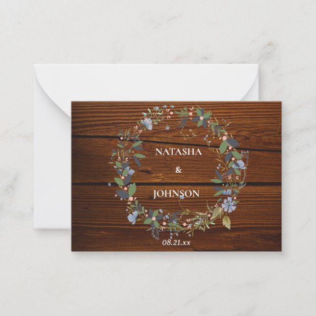 White Blue Green Leaf Floral Wedding Design Note Card (Front)