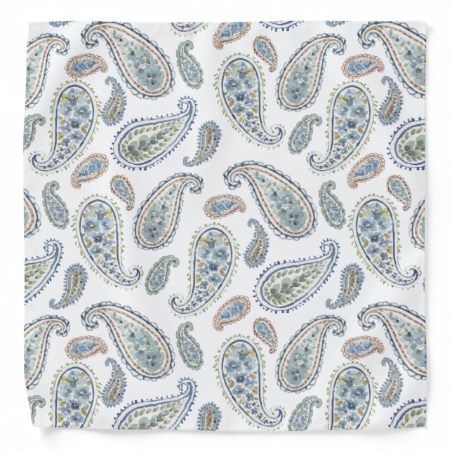 White Blue Green Paisley Watercolor Pattern Bandana (Front)