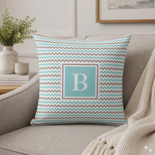 White Blue Grey Chevron Monogram Pillow