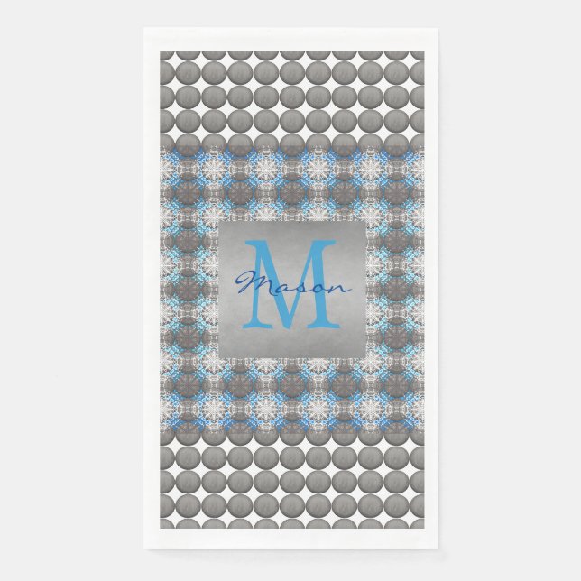 White, Blue & Grey Polka Dot Pattern Monogram Paper Guest Towels (Front)