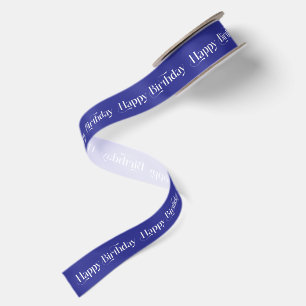 White Blue Happy Birthday Retro Typography Satin Ribbon