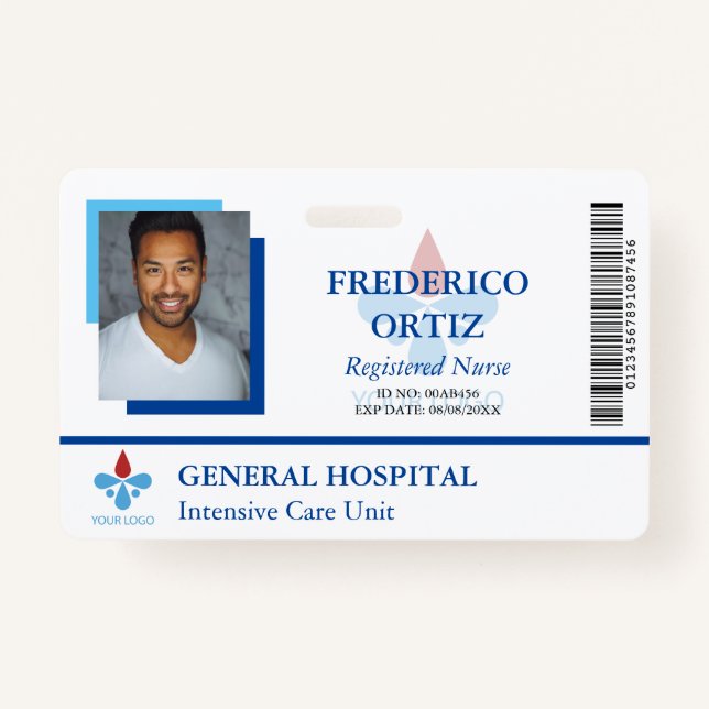 White Blue Hospital Employee ID Your Logo Badge (Front)