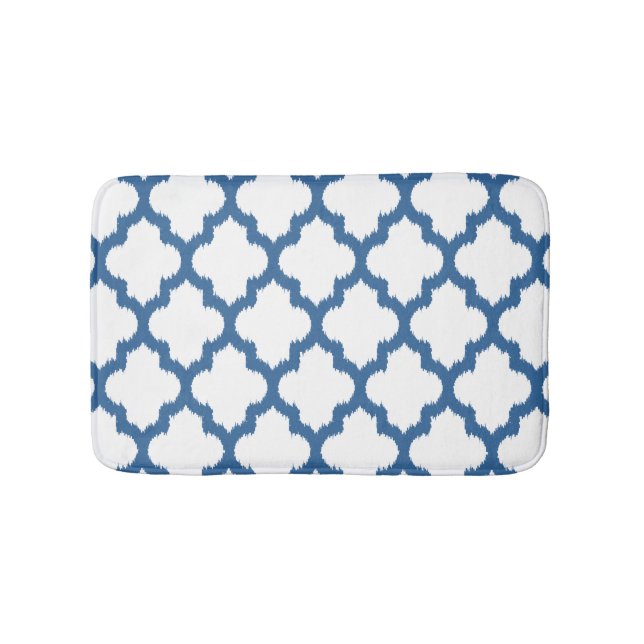 White & Blue Ikat Quatrefoil Geometric Pattern Bathroom Mat (Front)