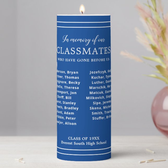 White Blue In Memory Of Classmates School Reunion Pillar Candle (In Situ)