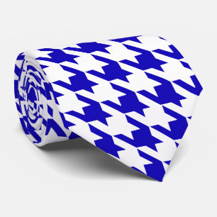 White Blue Large Houndstooth Check Neck Tie