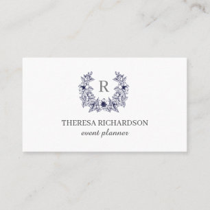 White Blue Magnolia Wreath Monogram professional Business Card