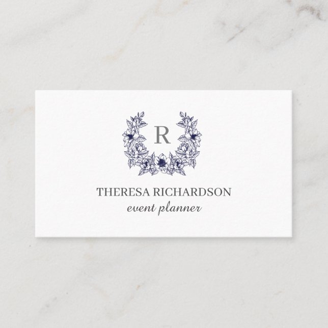 White Blue Magnolia Wreath Monogram   professional Business Card (Front)
