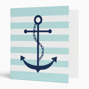 White Blue Mint Anchor and Stripes 3 Ring Binder